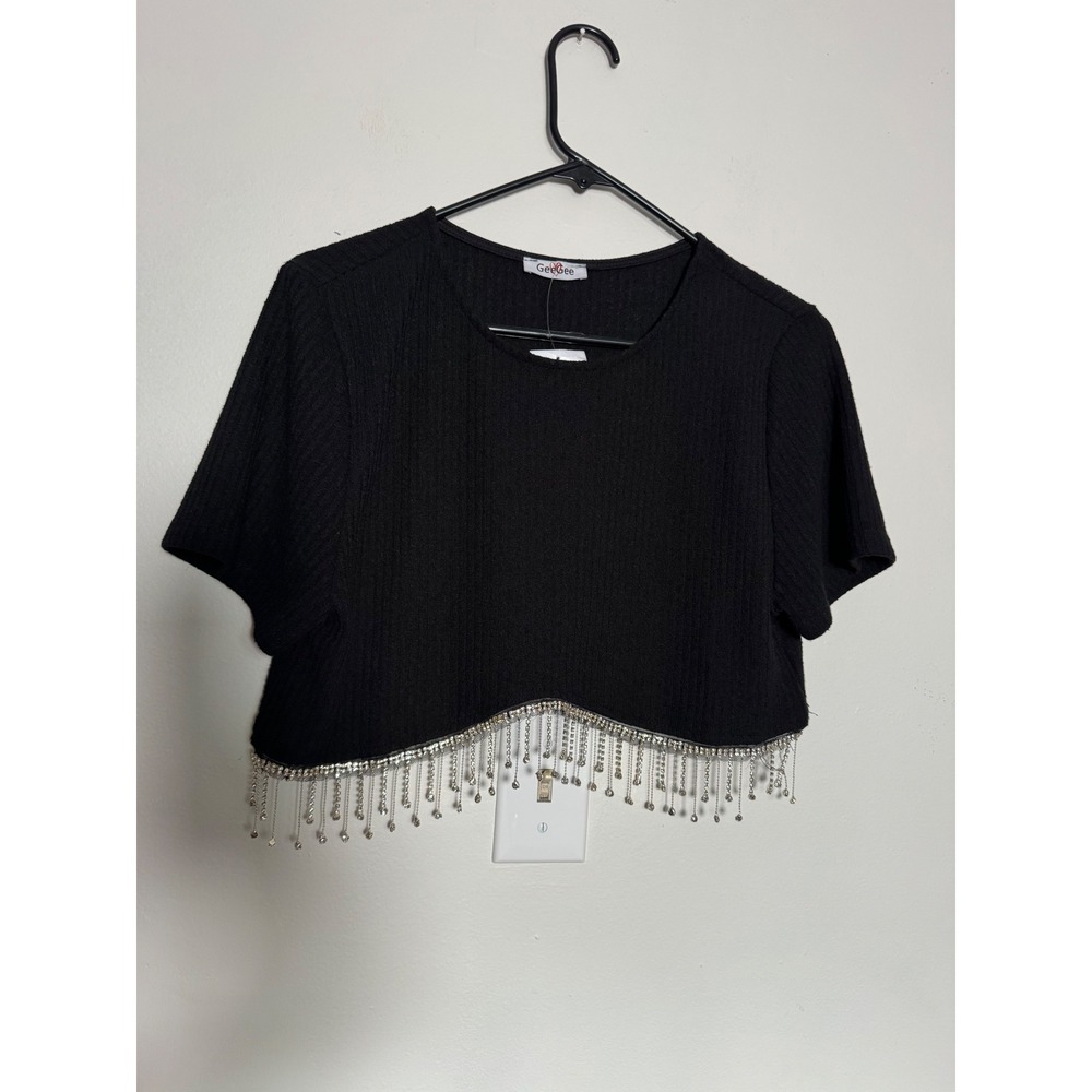 Festival Boho Black Ribbed Rhinestone Fringe Crop Top Short Sleeve XL